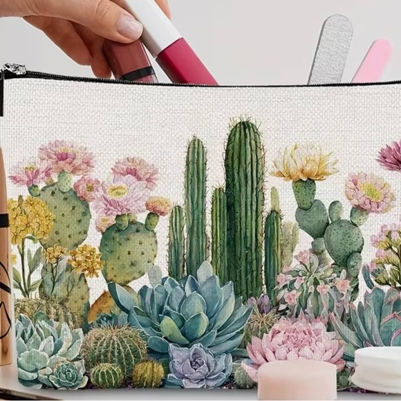 Botanical Cactus & Succulent Cosmetic Pouch - Pink & Green Floral Cacti Bag - Picture 2 of 5